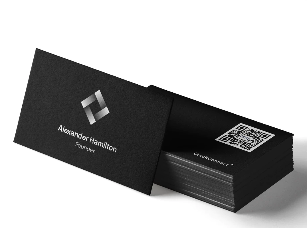 black business cards with a qr code
